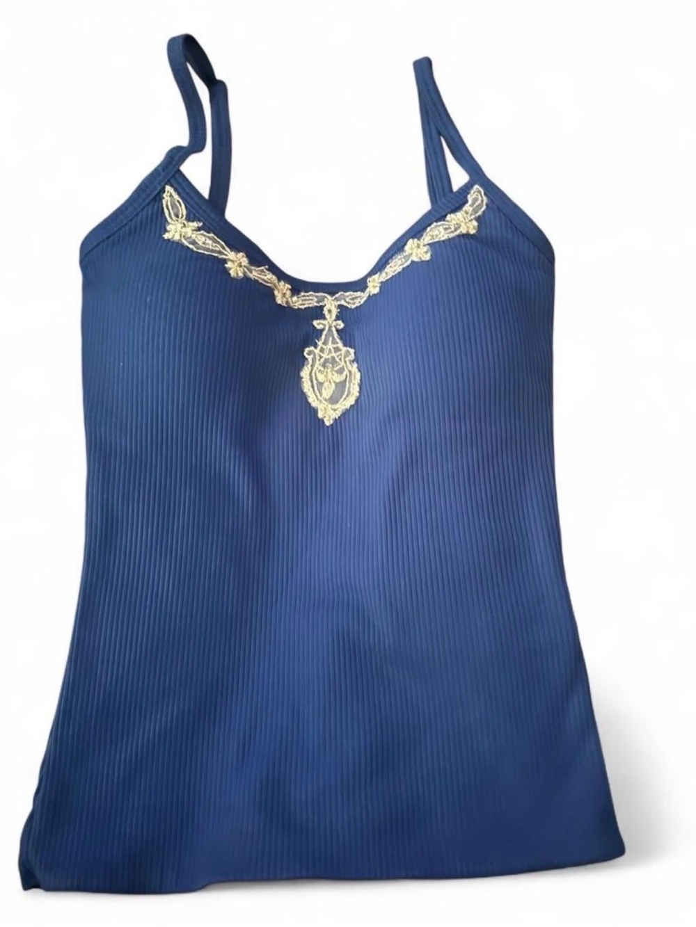 Derek Heart Padded  Navy Tank Top with Silver/Gold Lace Appliqué
